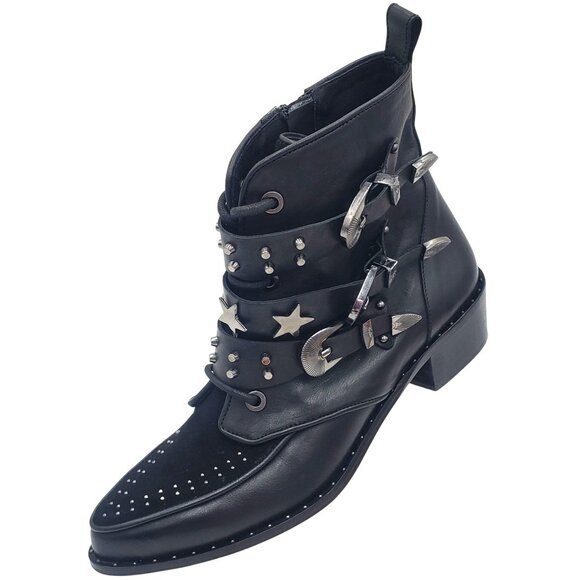 Italy Ivy Kirzhner Women's size 8 US Black Leather Silver Studded Ankle Boots 38 - Picture 6 of 13